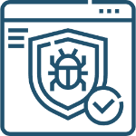 Browser window with shield, bug, and checkmark icons symbolizing cybersecurity.