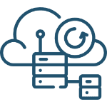 Cloud data backup and recovery icon with servers and a clock.