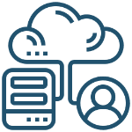 Icon depicting cloud computing with a user and server connection.